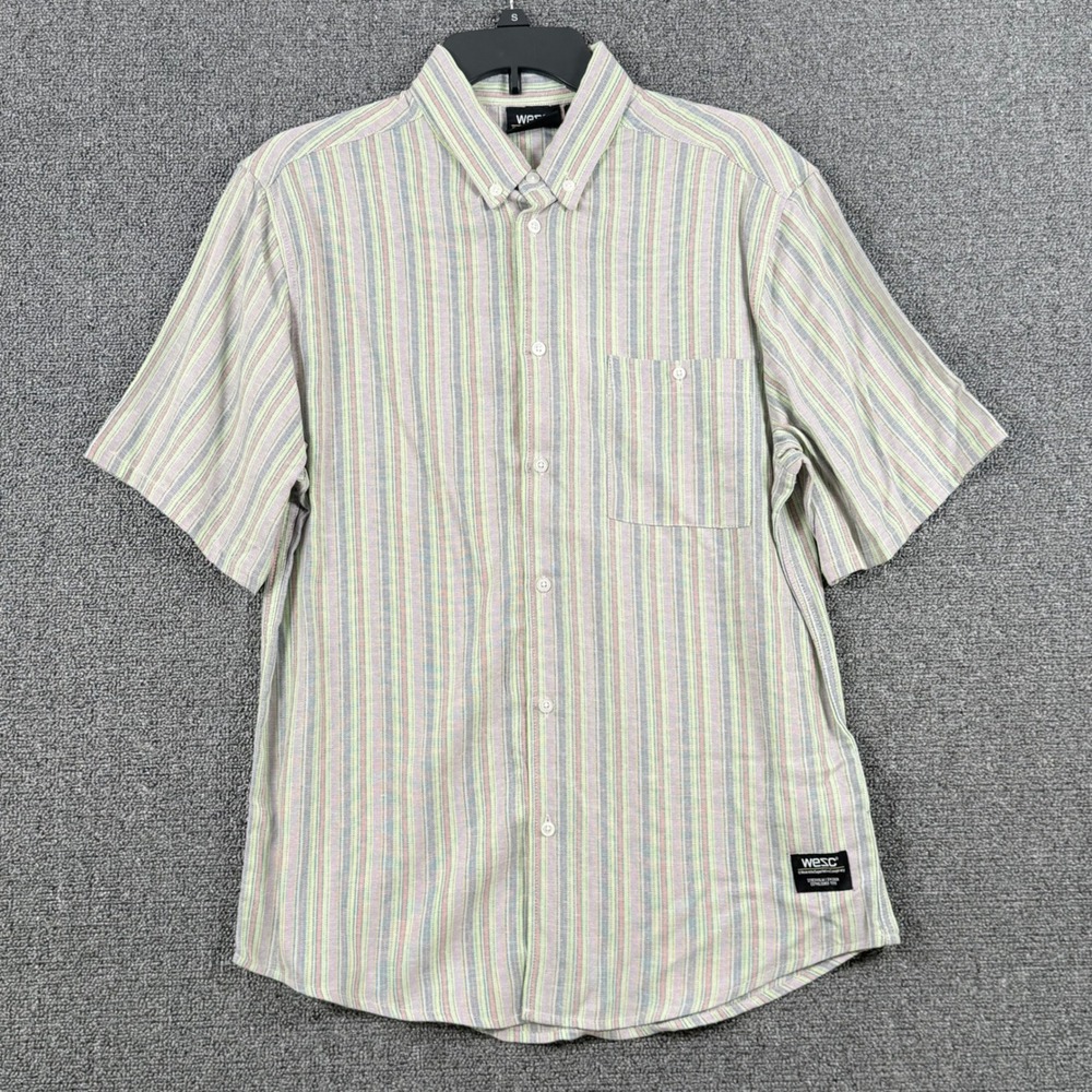 WeSC Mens S Womens M Oden SS Button Down Shirt Blue Multi Stripe Unisex Workwear